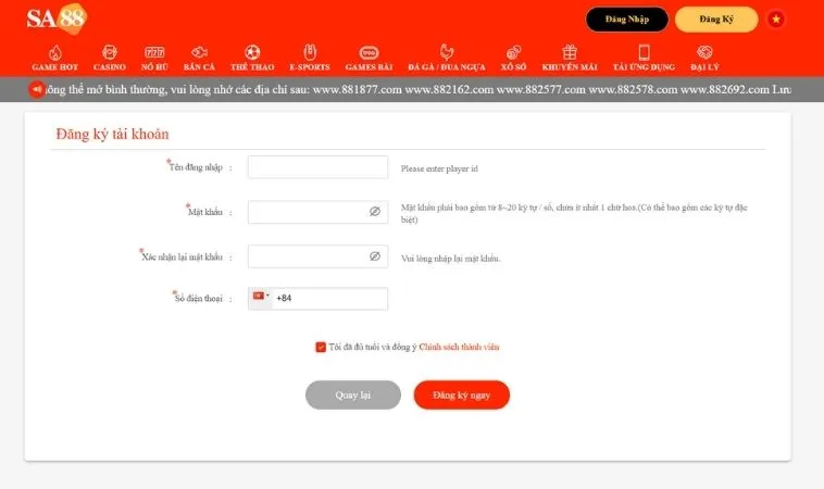 Giao diện đăng ký SA88