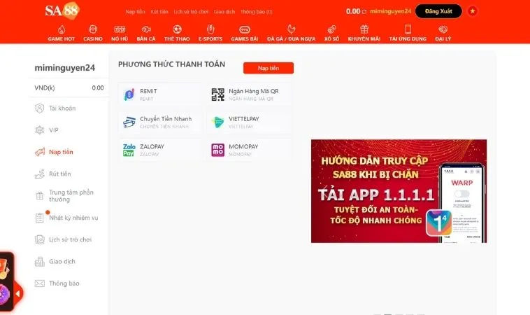 Nạp Tiền SA88 Siêu Tốc, An Toàn Tuyệt Đối, Trải Nghiệm Đỉnh Cao 2 Giao diện nạp tiền SA88