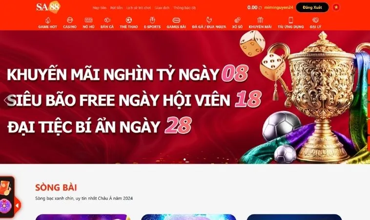 Giao diện trang chủ nhà cái SA88